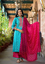 Thumbnail for Juniper Women's Turquoise Ethnic Motif Printed Liva Rayon Kurta Pant And Dupatta Set With Zari & Mirror Work - Distacart