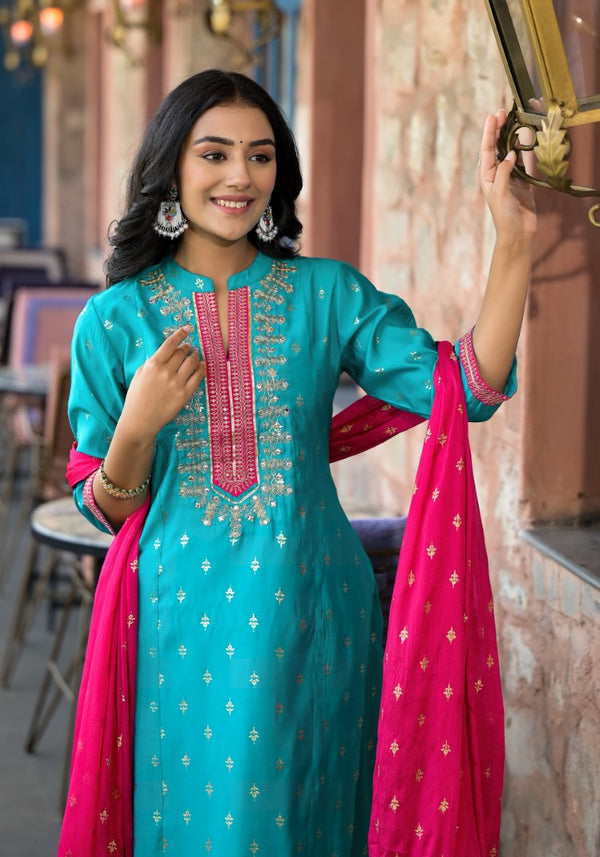 Juniper Women's Turquoise Ethnic Motif Printed Liva Rayon Kurta Pant And Dupatta Set With Zari & Mirror Work - Distacart