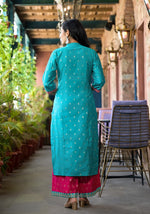 Thumbnail for Juniper Women's Turquoise Ethnic Motif Printed Liva Rayon Kurta Pant And Dupatta Set With Zari & Mirror Work - Distacart