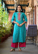 Thumbnail for Juniper Women's Turquoise Ethnic Motif Printed Liva Rayon Kurta Pant And Dupatta Set With Zari & Mirror Work - Distacart