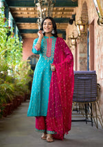 Thumbnail for Juniper Women's Turquoise Ethnic Motif Printed Liva Rayon Kurta Pant And Dupatta Set With Zari & Mirror Work - Distacart