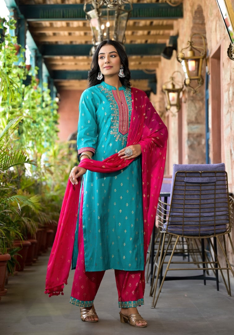 Juniper Women's Turquoise Ethnic Motif Printed Liva Rayon Kurta Pant And Dupatta Set With Zari & Mirror Work - Distacart