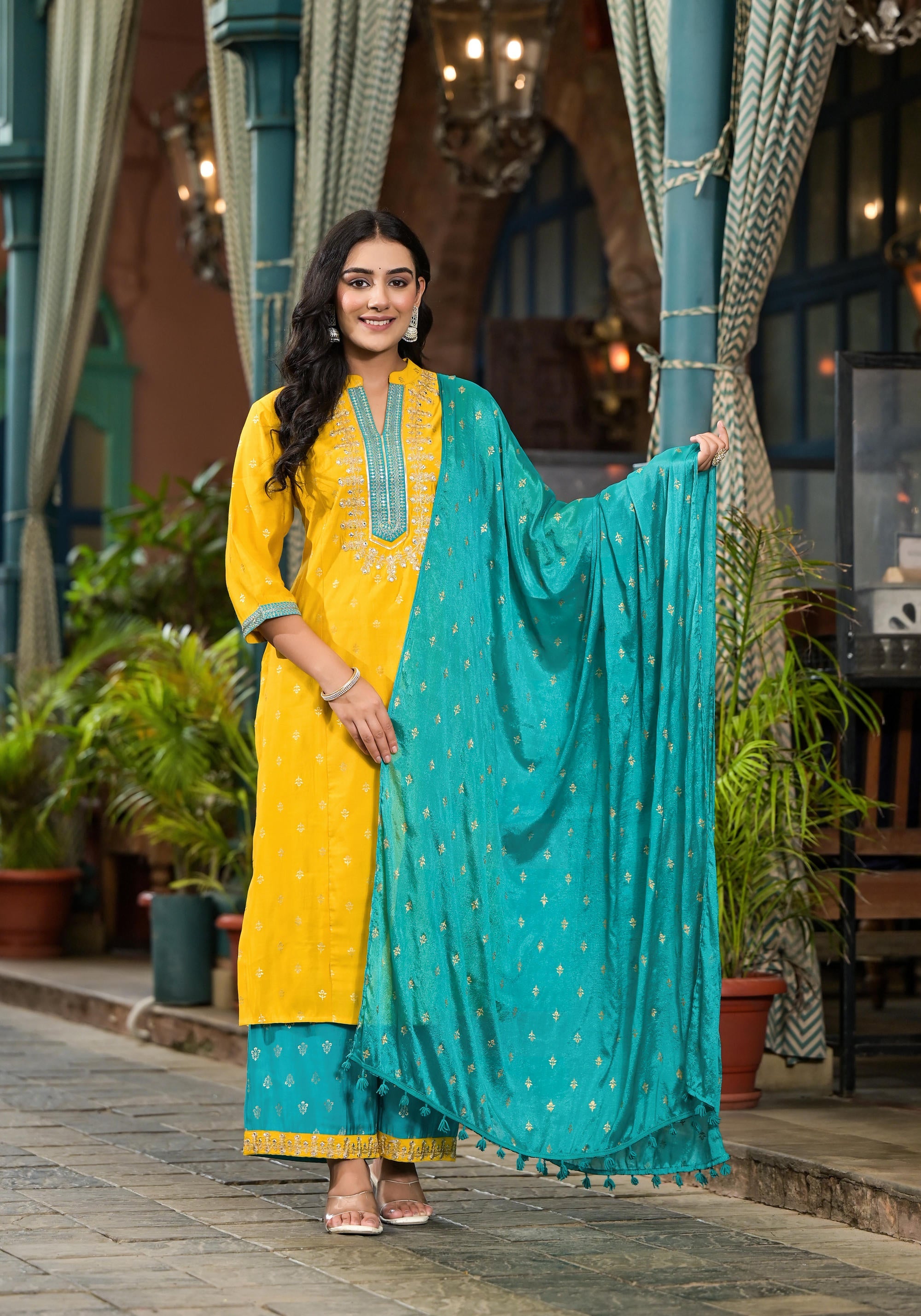 Juniper Women's Yellow Viscose Rayon Embroidered Kurta Set - Distacart