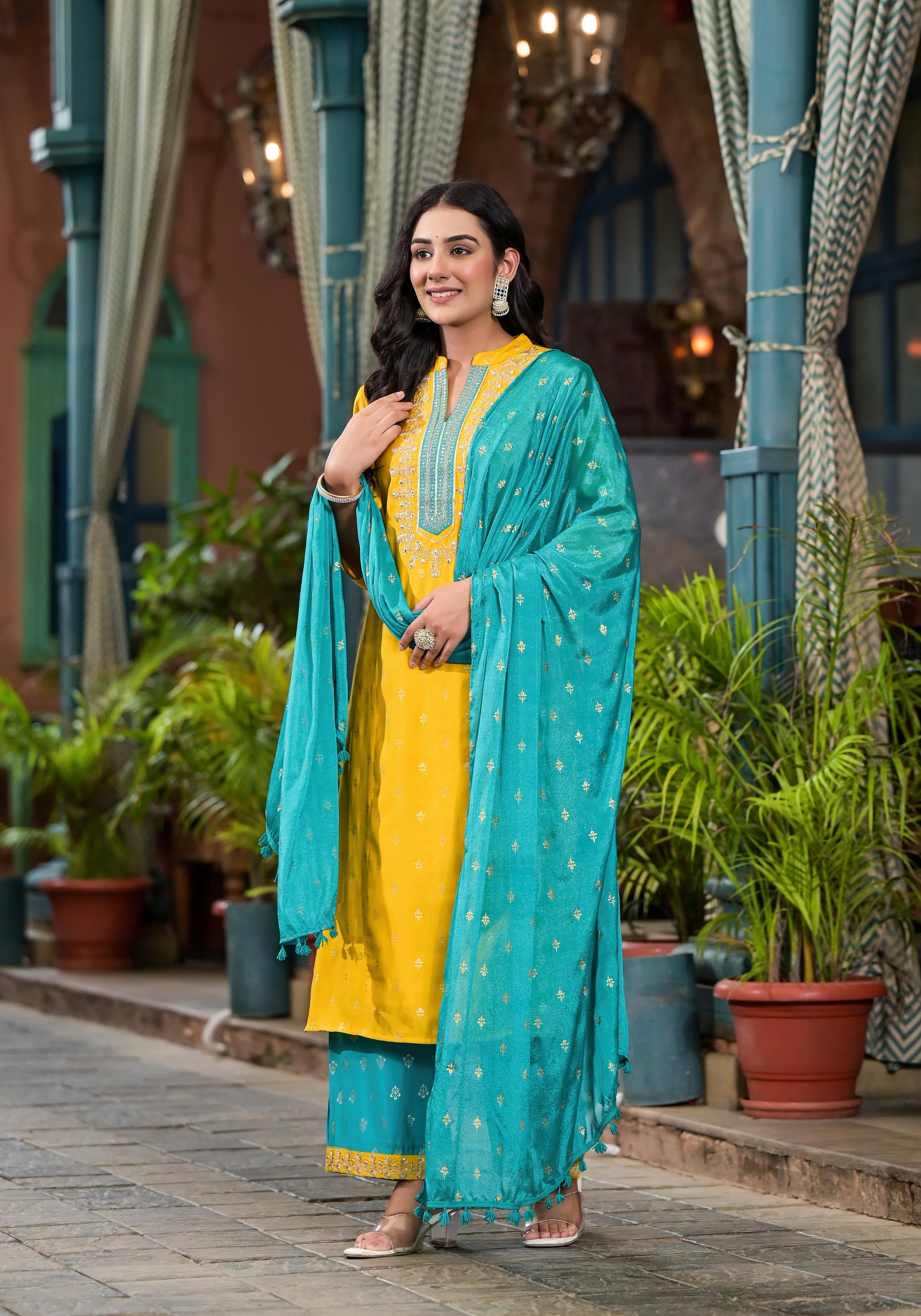 Juniper Women's Yellow Viscose Rayon Embroidered Kurta Set - Distacart