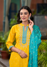 Thumbnail for Juniper Women's Yellow Viscose Rayon Embroidered Kurta Set - Distacart