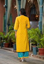 Thumbnail for Juniper Women's Yellow Viscose Rayon Embroidered Kurta Set - Distacart