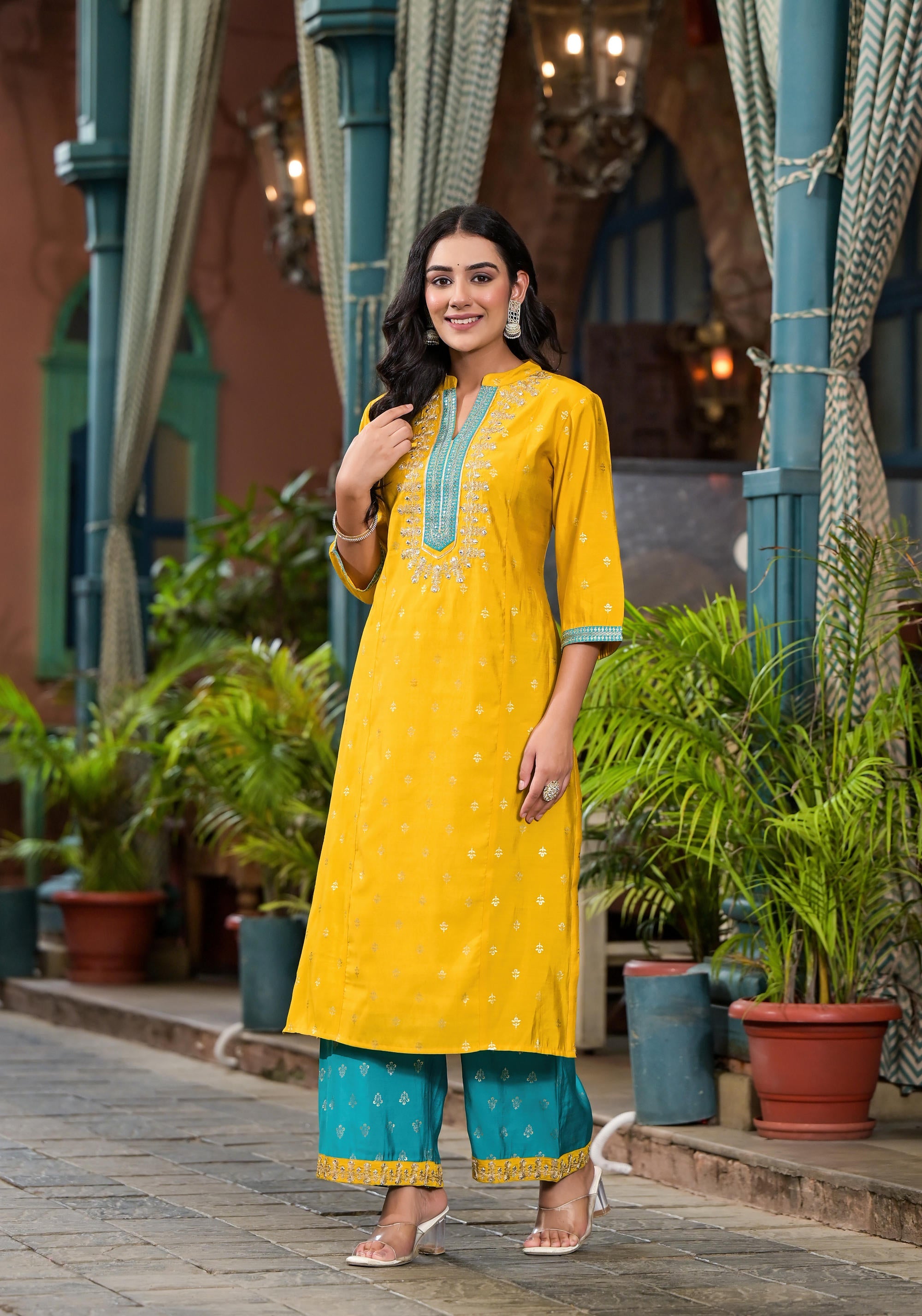 Juniper Women's Yellow Viscose Rayon Embroidered Kurta Set - Distacart