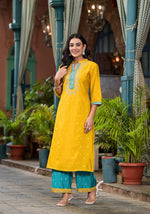 Thumbnail for Juniper Women's Yellow Viscose Rayon Embroidered Kurta Set - Distacart