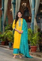 Thumbnail for Juniper Women's Yellow Viscose Rayon Embroidered Kurta Set - Distacart