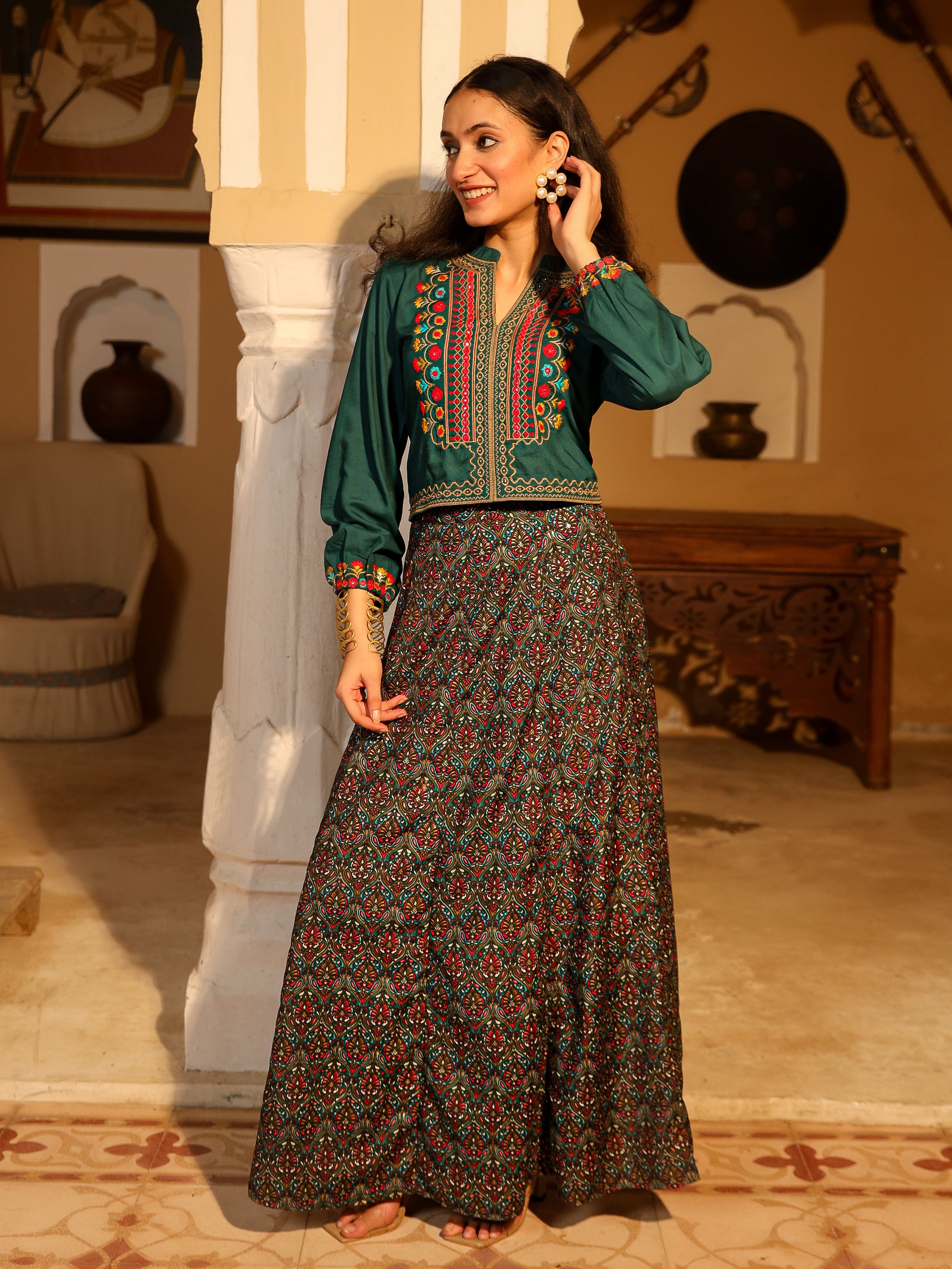 Juniper Women's Blue Viscose Rayon Embroidered Top & Skirt - Distacart