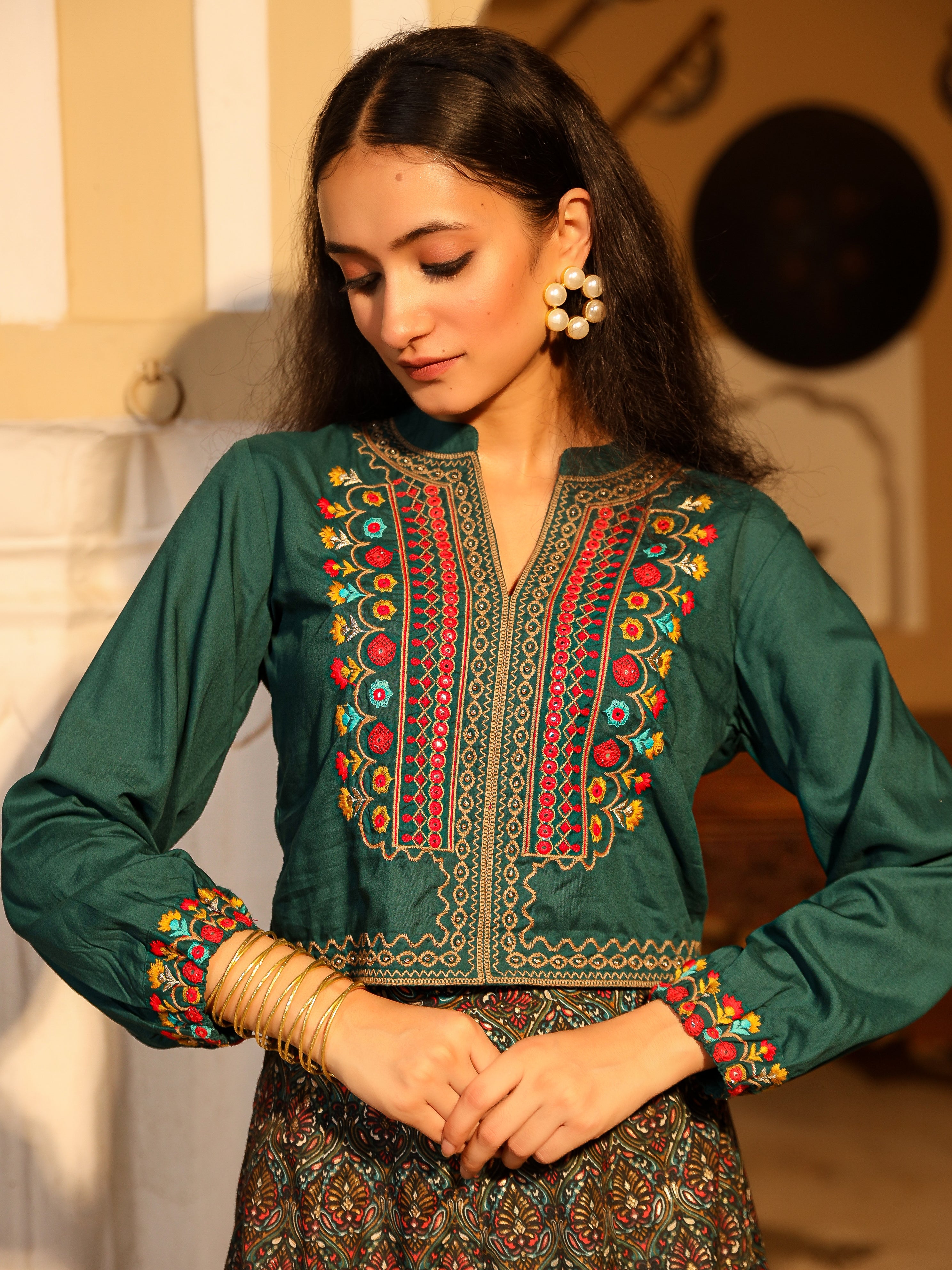 Juniper Women's Blue Viscose Rayon Embroidered Top & Skirt - Distacart