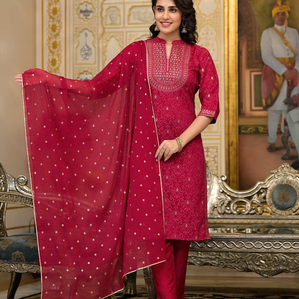 Juniper Women's Women Red Printed Straight Kurta Pants & Dupatta Set - Distacart