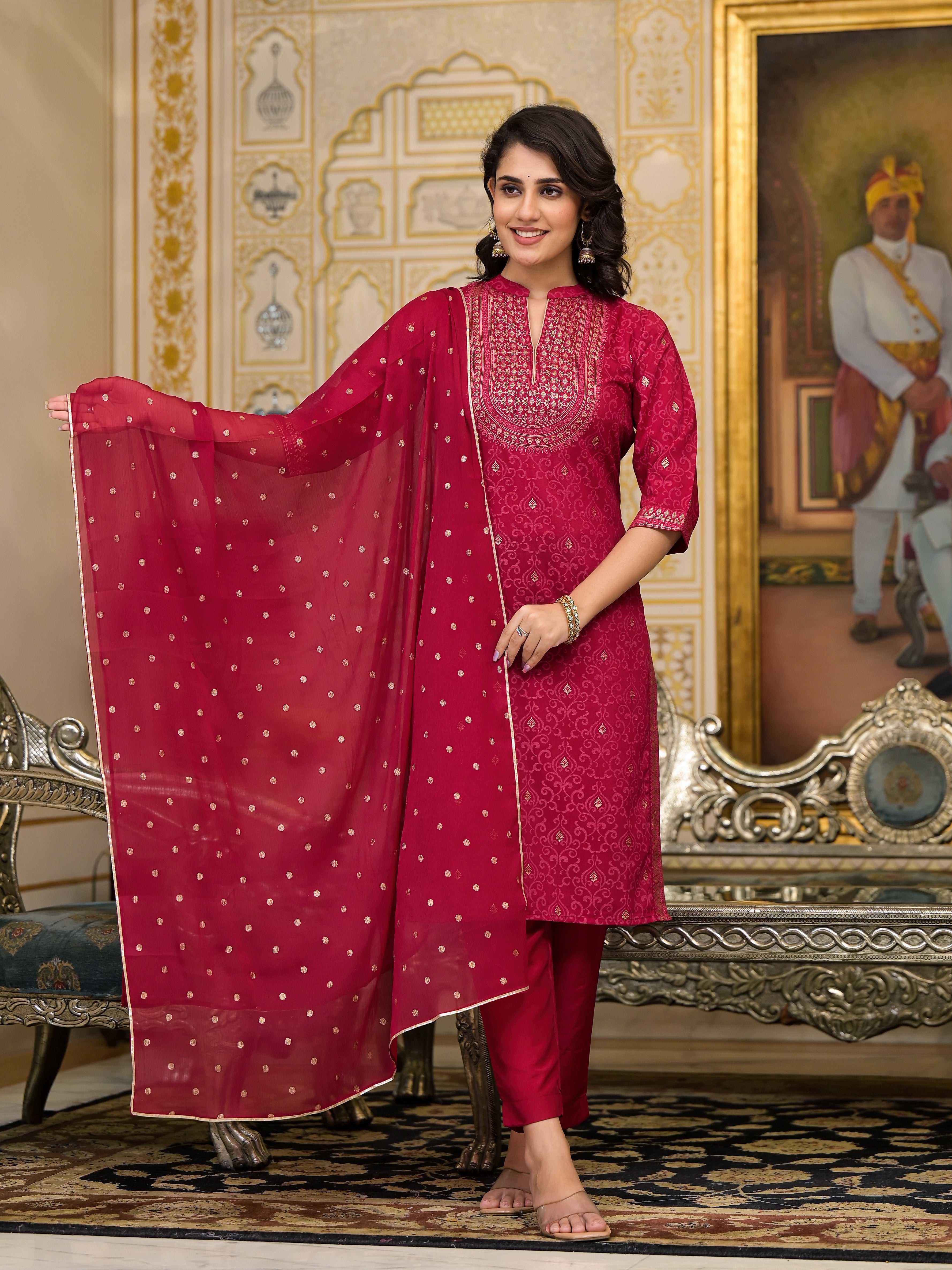 Juniper Women's Women Red Printed Straight Kurta Pants & Dupatta Set - Distacart