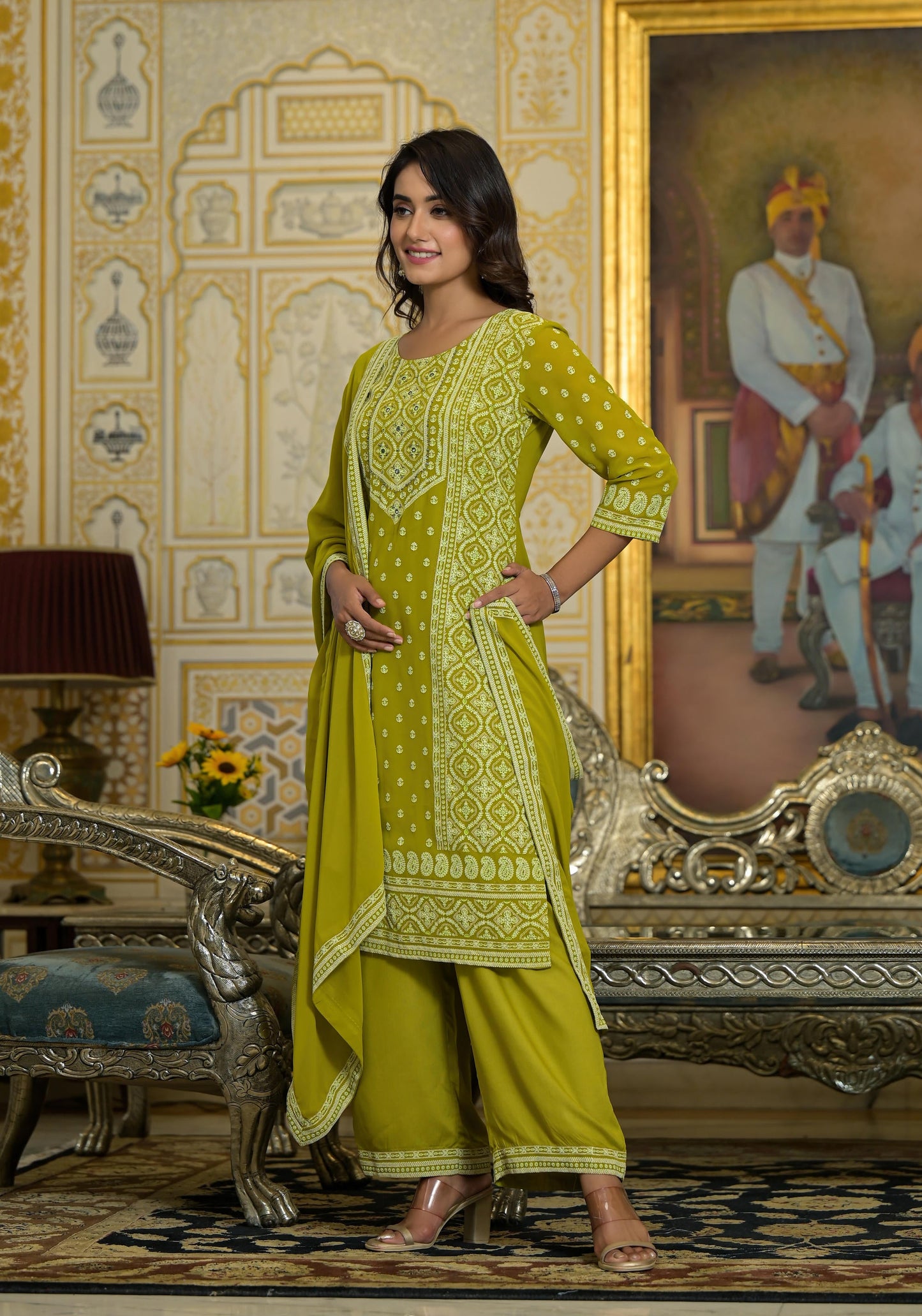 Juniper Women's Green Georgette Embroidered Kurta Set - Distacart