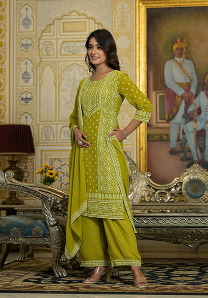 Juniper Women's Green Georgette Embroidered Kurta Set - Distacart