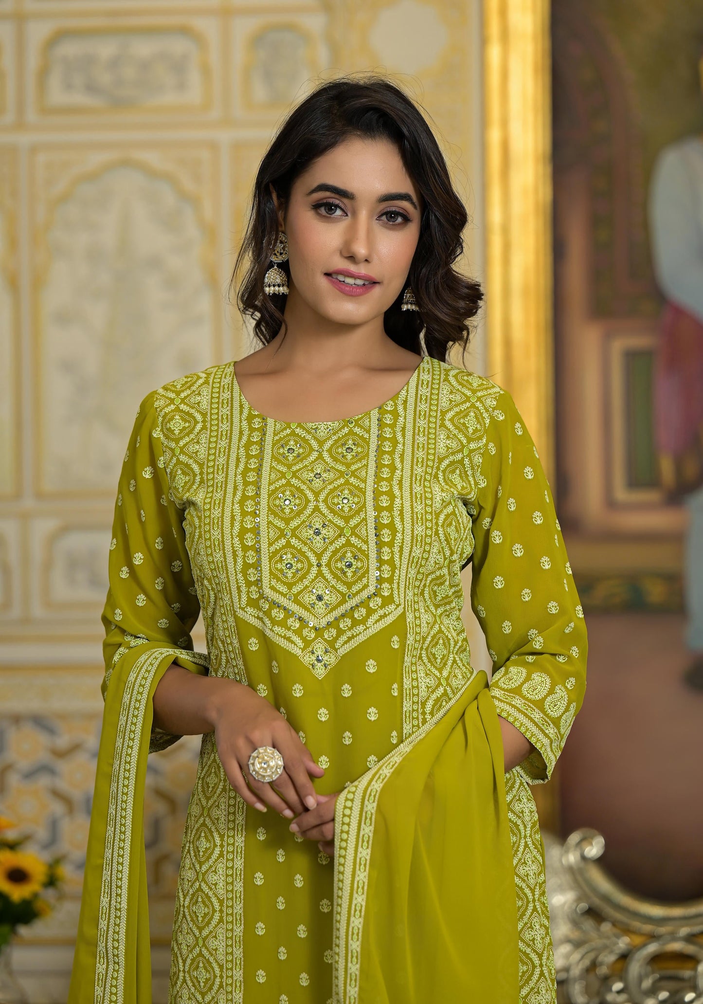 Juniper Women's Green Georgette Embroidered Kurta Set - Distacart