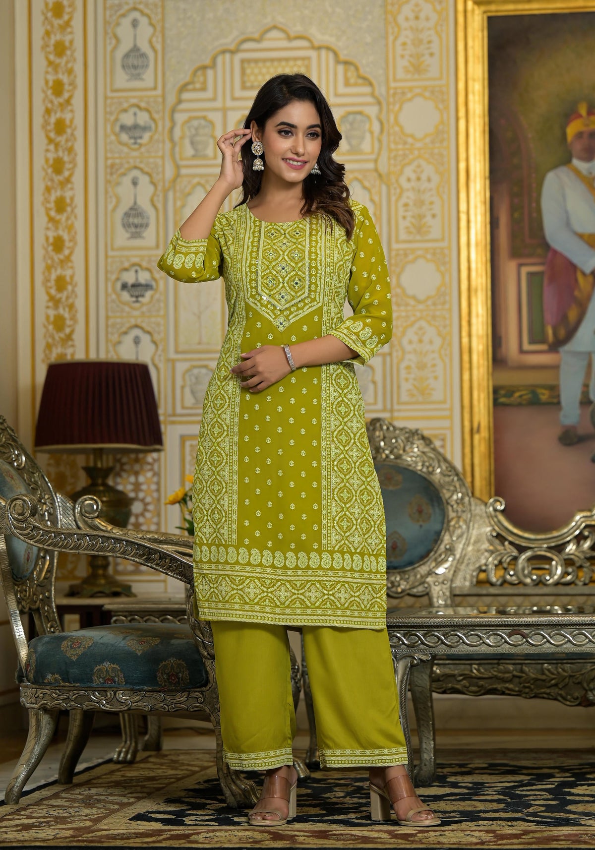 Juniper Women's Green Georgette Embroidered Kurta Set - Distacart