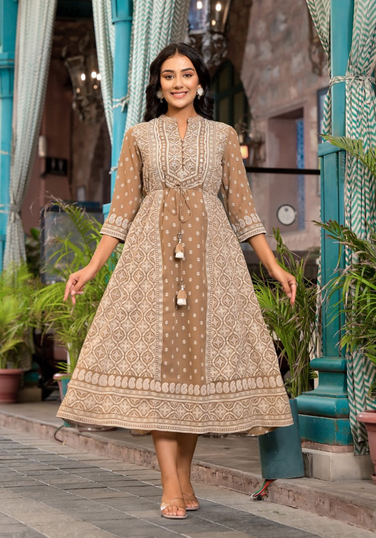 Juniper Women's Brown Ethnic Motif Printed Georgette A-Lined Dress With Sequins & Doris - Distacart