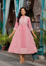 Thumbnail for Juniper Pink Ethnic Motif Printed Georgette A-Lined Dress With Sequins & Doris - Distacart