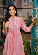 Thumbnail for Juniper Pink Ethnic Motif Printed Georgette A-Lined Dress With Sequins & Doris - Distacart