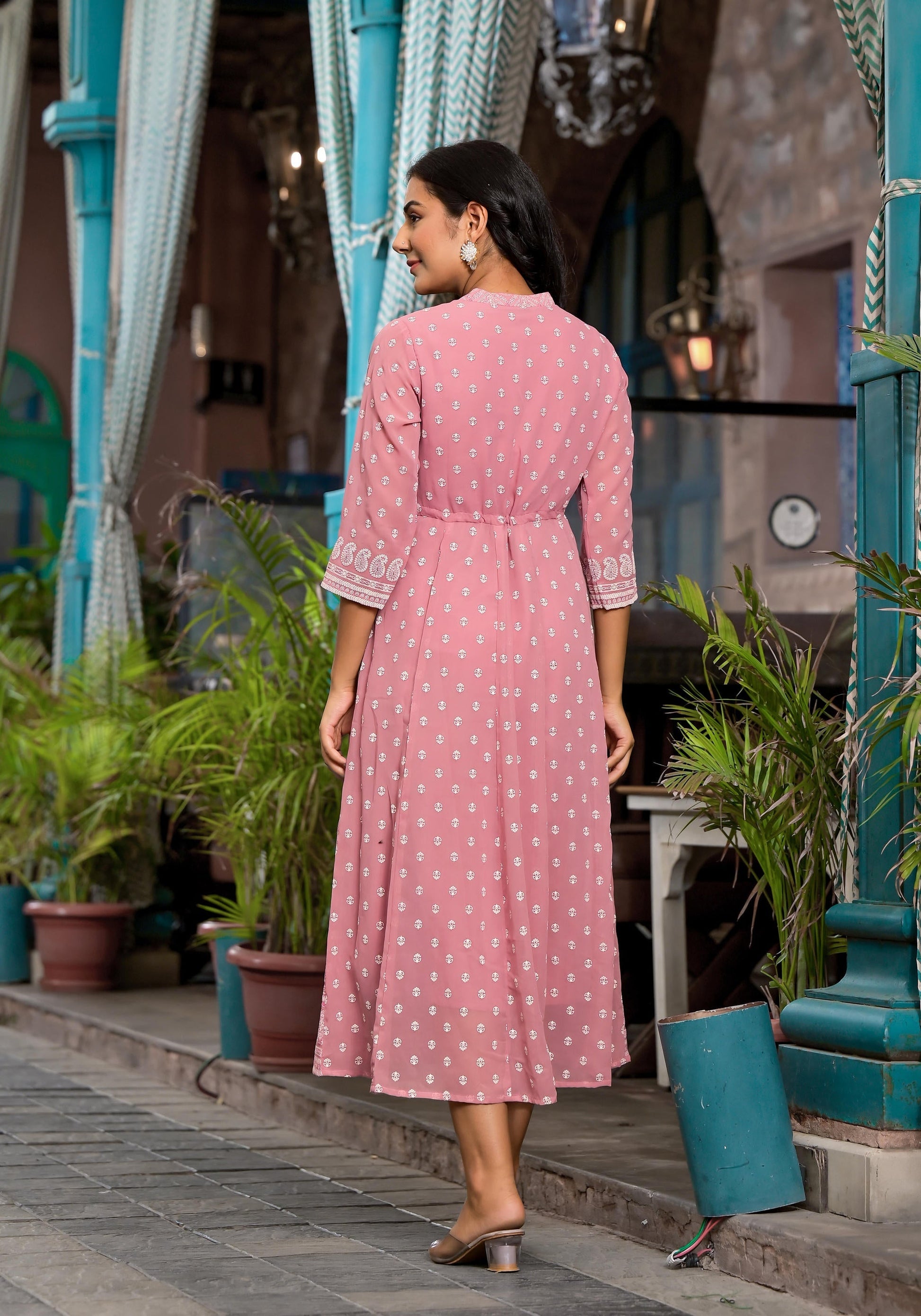 Juniper Pink Ethnic Motif Printed Georgette A-Lined Dress With Sequins & Doris - Distacart