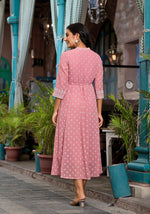 Thumbnail for Juniper Pink Ethnic Motif Printed Georgette A-Lined Dress With Sequins & Doris - Distacart