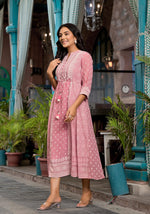 Thumbnail for Juniper Pink Ethnic Motif Printed Georgette A-Lined Dress With Sequins & Doris - Distacart