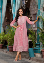 Thumbnail for Juniper Pink Ethnic Motif Printed Georgette A-Lined Dress With Sequins & Doris - Distacart