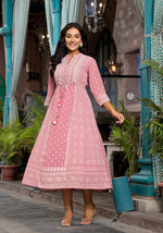 Thumbnail for Juniper Pink Ethnic Motif Printed Georgette A-Lined Dress With Sequins & Doris - Distacart