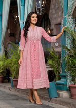 Thumbnail for Juniper Pink Ethnic Motif Printed Georgette A-Lined Dress With Sequins & Doris - Distacart