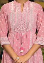 Thumbnail for Juniper Pink Ethnic Motif Printed Georgette A-Lined Dress With Sequins & Doris - Distacart