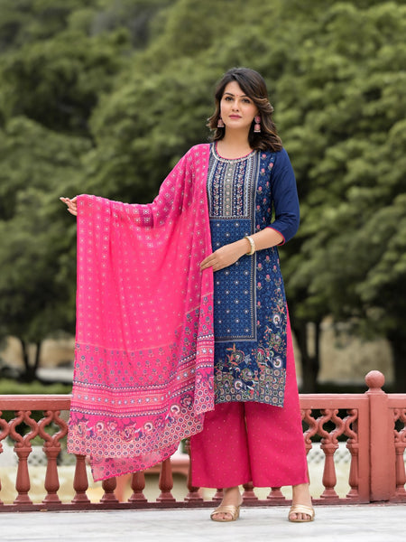 Juniper Women's Blue Ethnic Motif Printed Viscose Kurta Pant And Dupatta Set With Sequins Work - Distacart