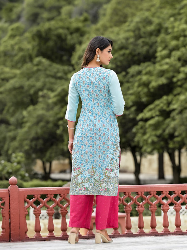 Juniper Women's Sky Blue Ethnic Motif Printed Viscose Kurta Pant And Dupatta Set With Sequins Work And Beads Work - Distacart