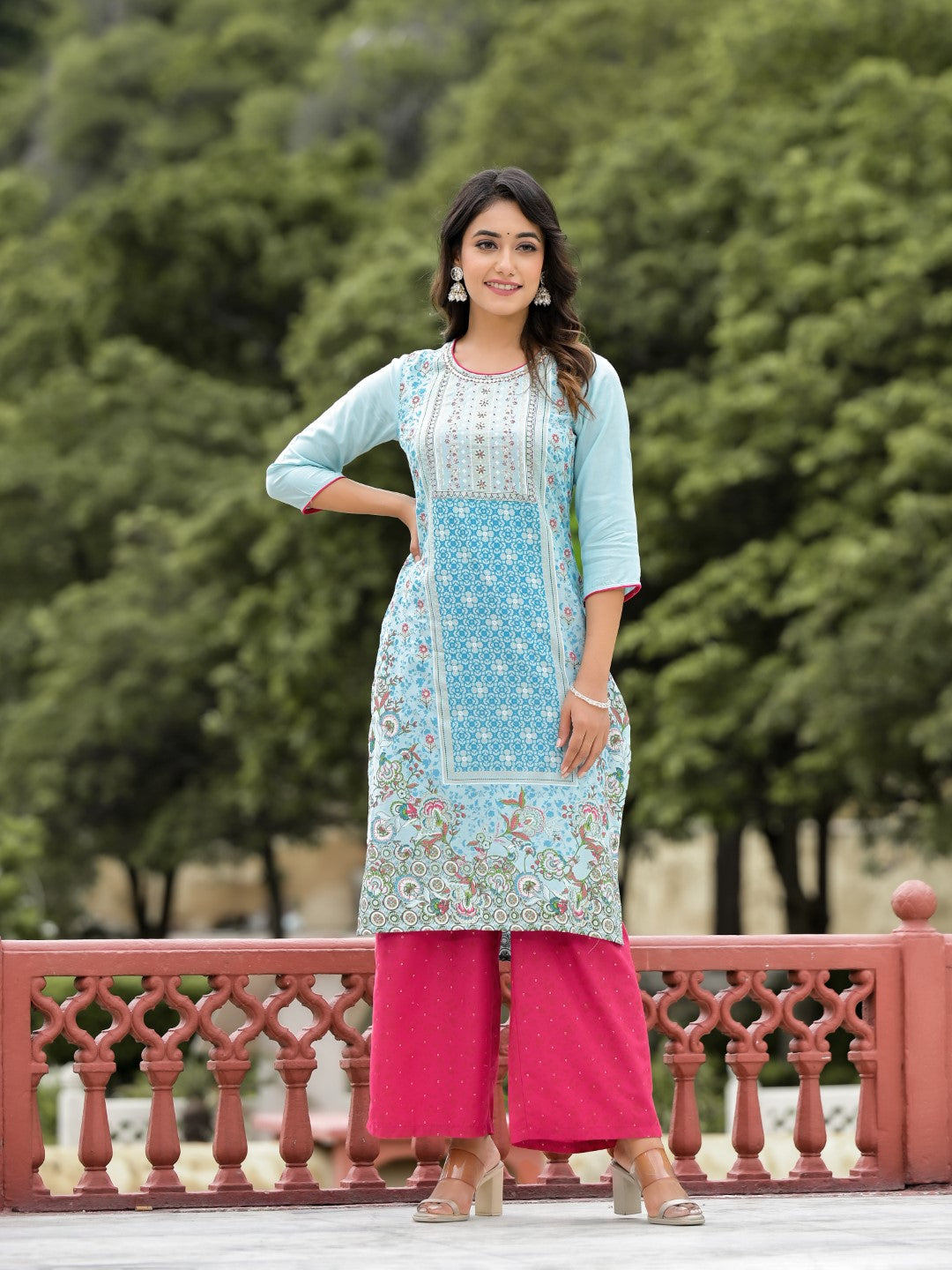 Juniper Women's Sky Blue Ethnic Motif Printed Viscose Kurta Pant And Dupatta Set With Sequins Work And Beads Work - Distacart