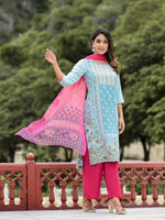 Thumbnail for Juniper Women's Sky Blue Ethnic Motif Printed Viscose Kurta Pant And Dupatta Set With Sequins Work And Beads Work - Distacart