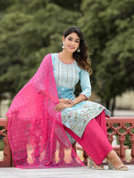 Thumbnail for Juniper Women's Sky Blue Ethnic Motif Printed Viscose Kurta Pant And Dupatta Set With Sequins Work And Beads Work - Distacart
