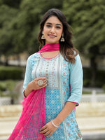 Thumbnail for Juniper Women's Sky Blue Ethnic Motif Printed Viscose Kurta Pant And Dupatta Set With Sequins Work And Beads Work - Distacart