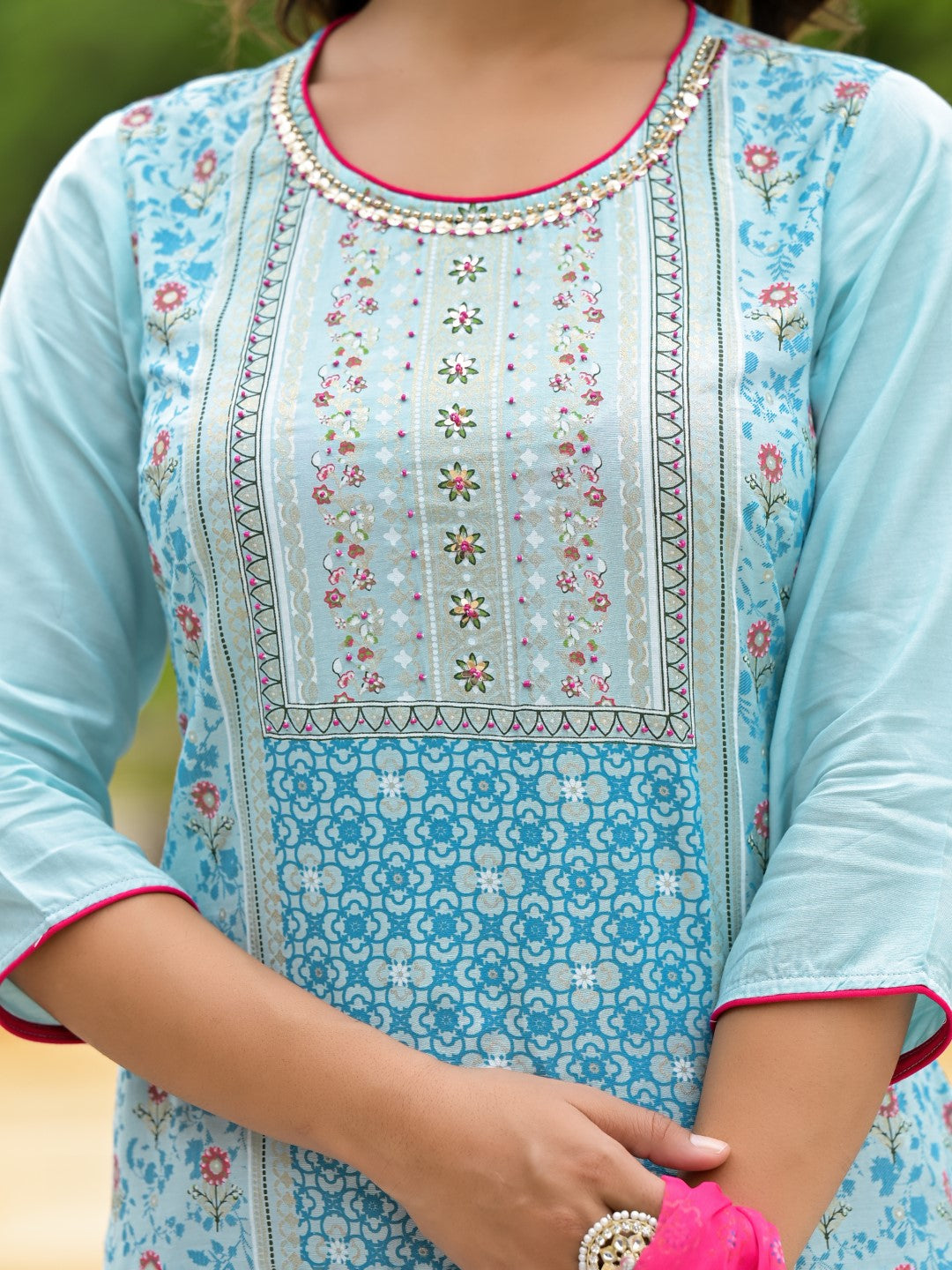 Juniper Women's Sky Blue Ethnic Motif Printed Viscose Kurta Pant And Dupatta Set With Sequins Work And Beads Work - Distacart