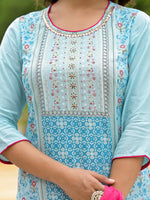 Thumbnail for Juniper Women's Sky Blue Ethnic Motif Printed Viscose Kurta Pant And Dupatta Set With Sequins Work And Beads Work - Distacart