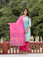 Thumbnail for Juniper Women's Sky Blue Ethnic Motif Printed Viscose Kurta Pant And Dupatta Set With Sequins Work And Beads Work - Distacart
