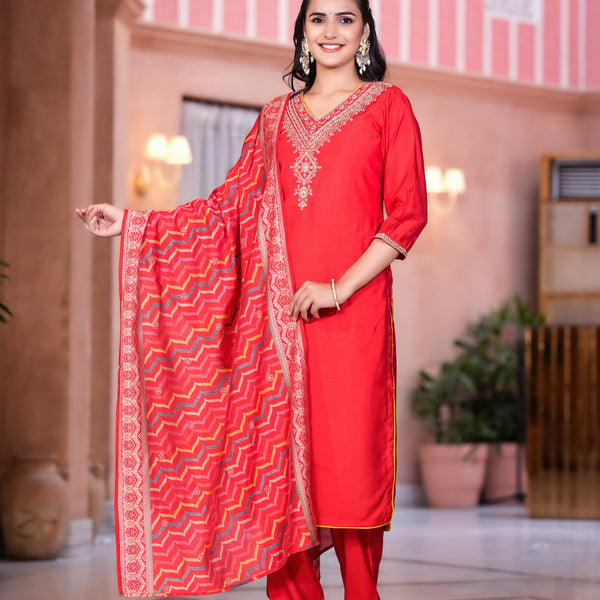 Juniper Women's Red Zari Embroidered Viscose Kurta Set With Mirror Work - Distacart