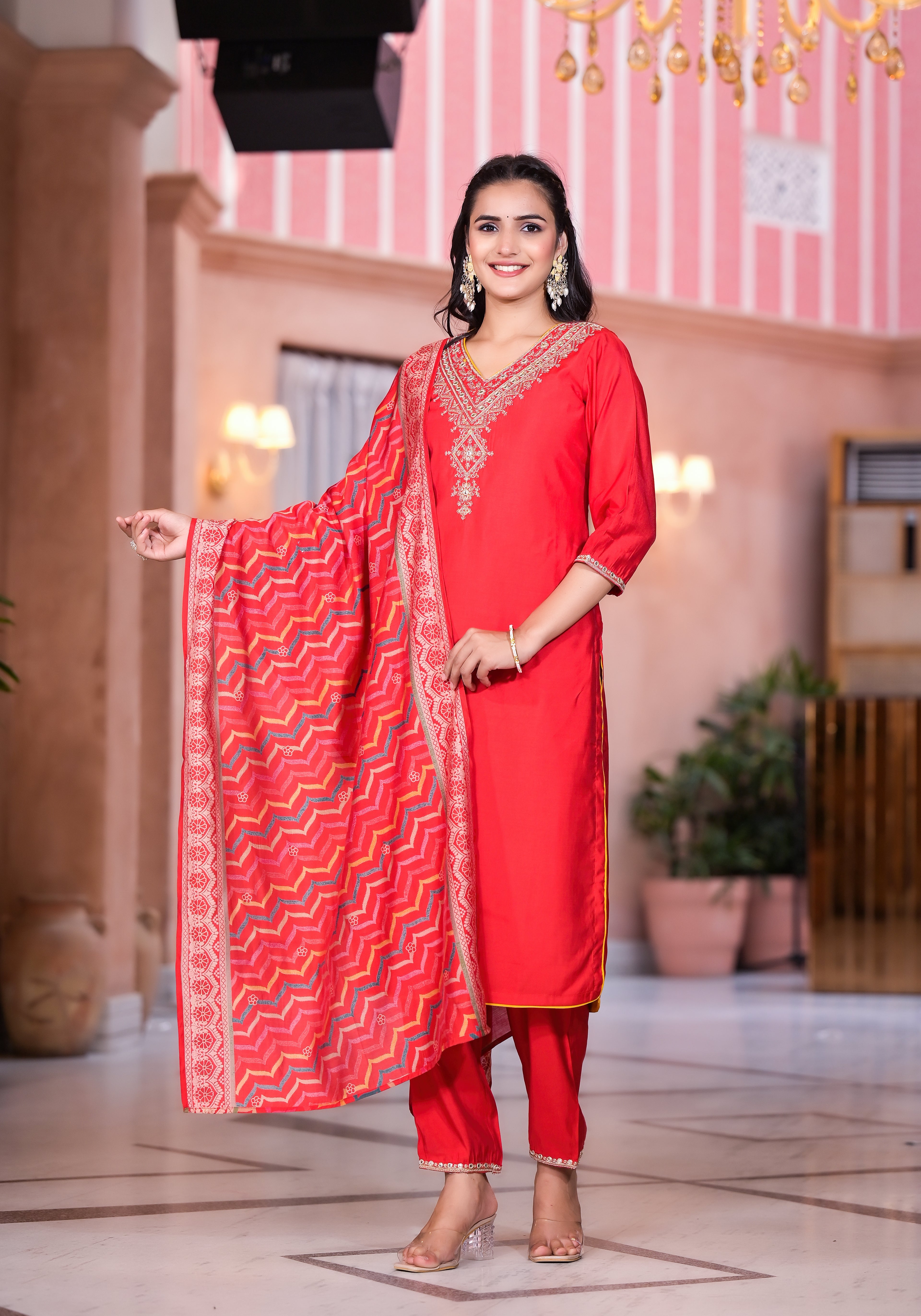 Juniper Women's Red Zari Embroidered Viscose Kurta Set With Mirror Work - Distacart