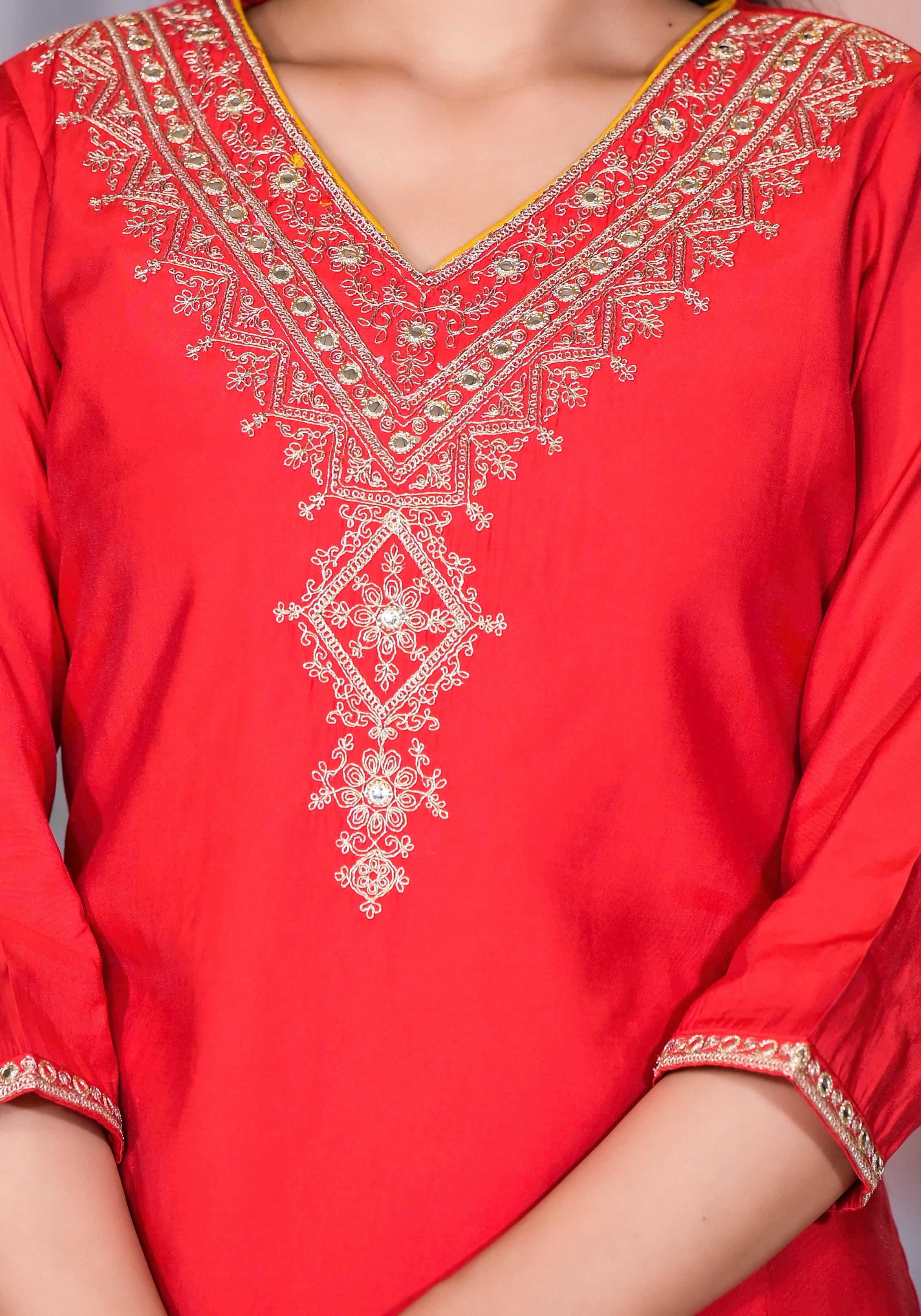 Juniper Women's Red Zari Embroidered Viscose Kurta Set With Mirror Work - Distacart