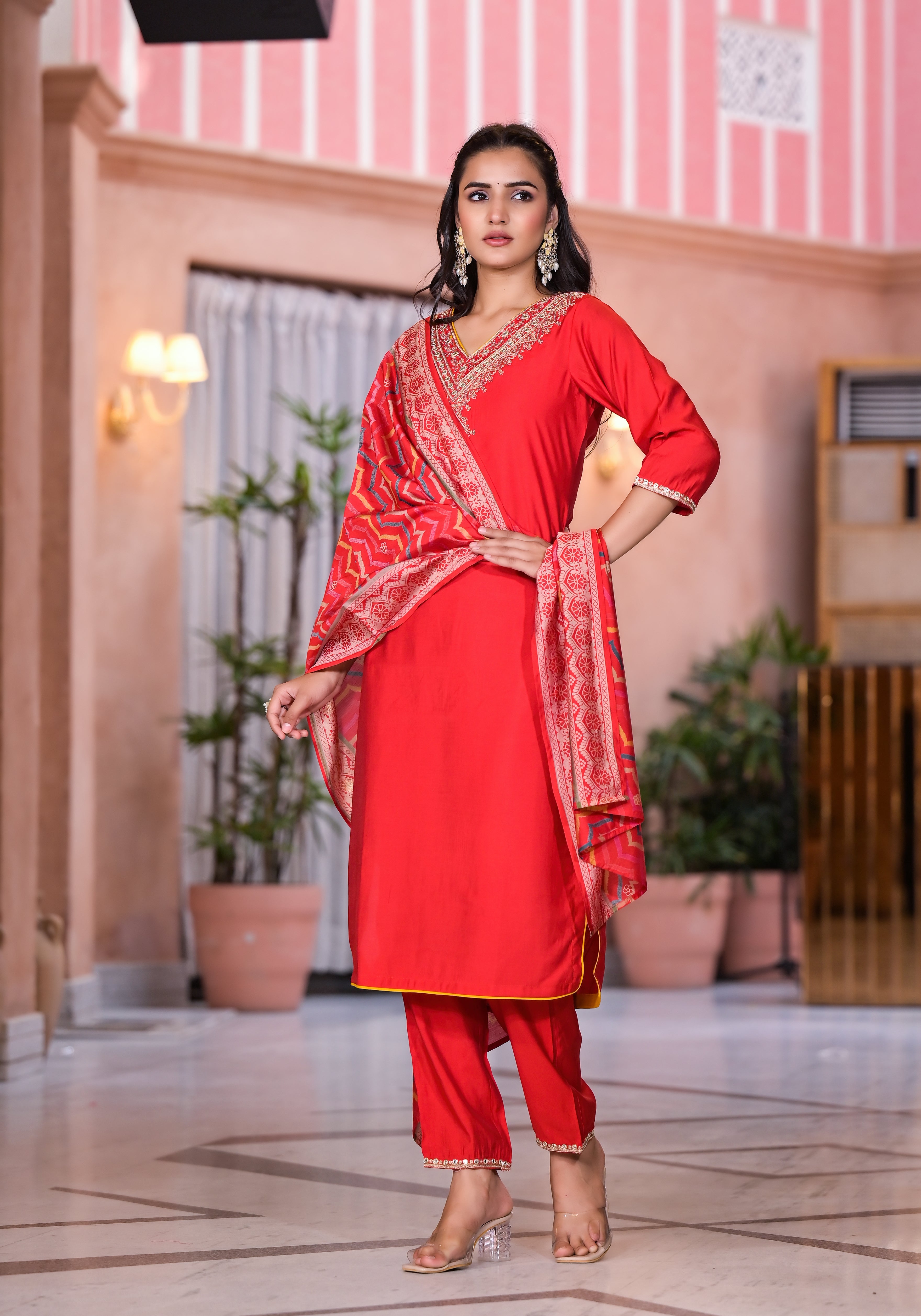 Juniper Women's Red Zari Embroidered Viscose Kurta Set With Mirror Work - Distacart