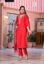 Thumbnail for Juniper Women's Red Zari Embroidered Viscose Kurta Set With Mirror Work - Distacart