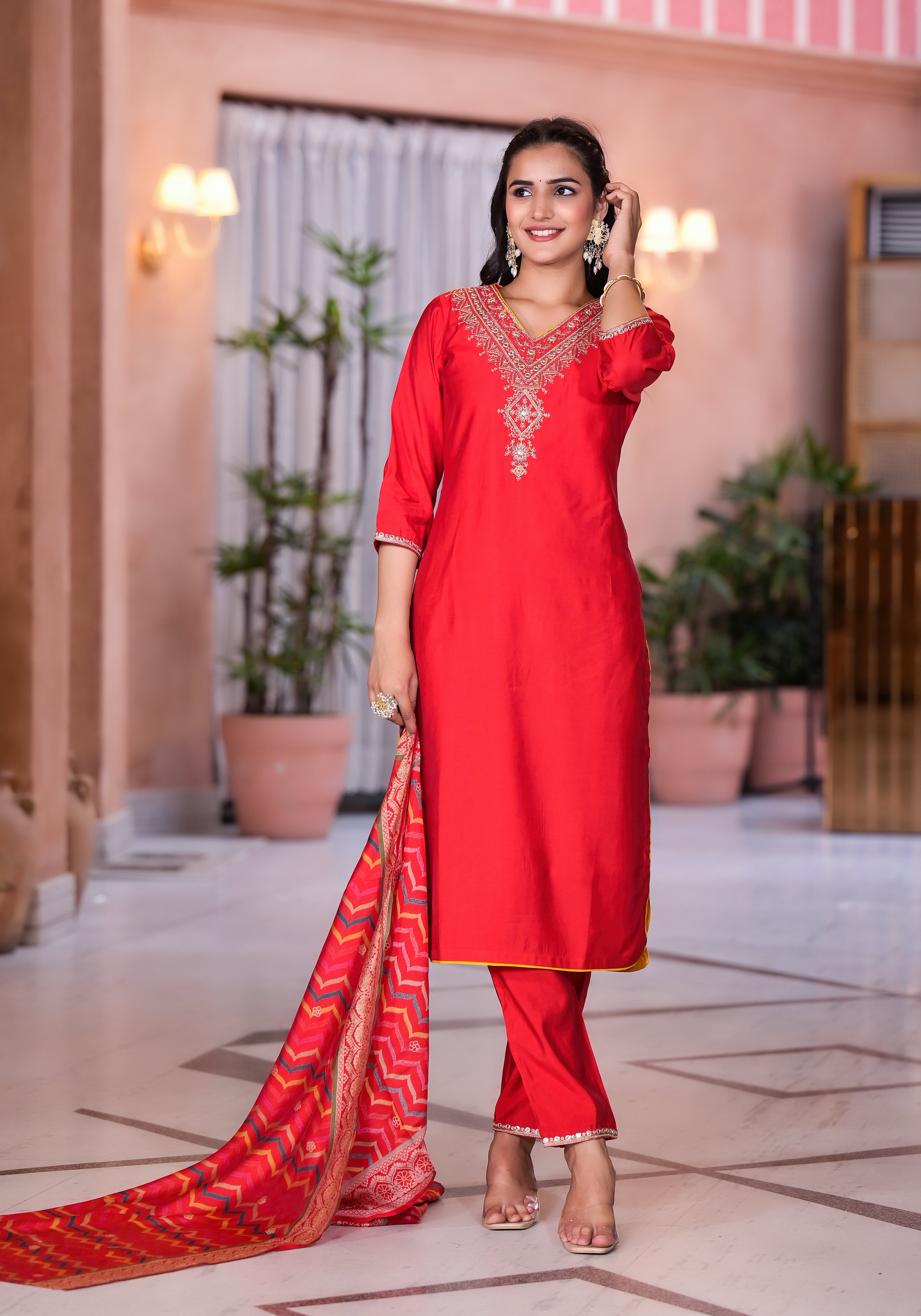 Juniper Women's Red Zari Embroidered Viscose Kurta Set With Mirror Work - Distacart