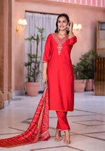 Thumbnail for Juniper Women's Red Zari Embroidered Viscose Kurta Set With Mirror Work - Distacart