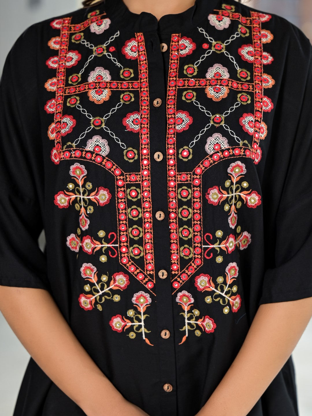 Juniper Women's Black Thread Embroidered Liva Rayon Tunic Pant Set With Mirror Work & Buttons - Distacart