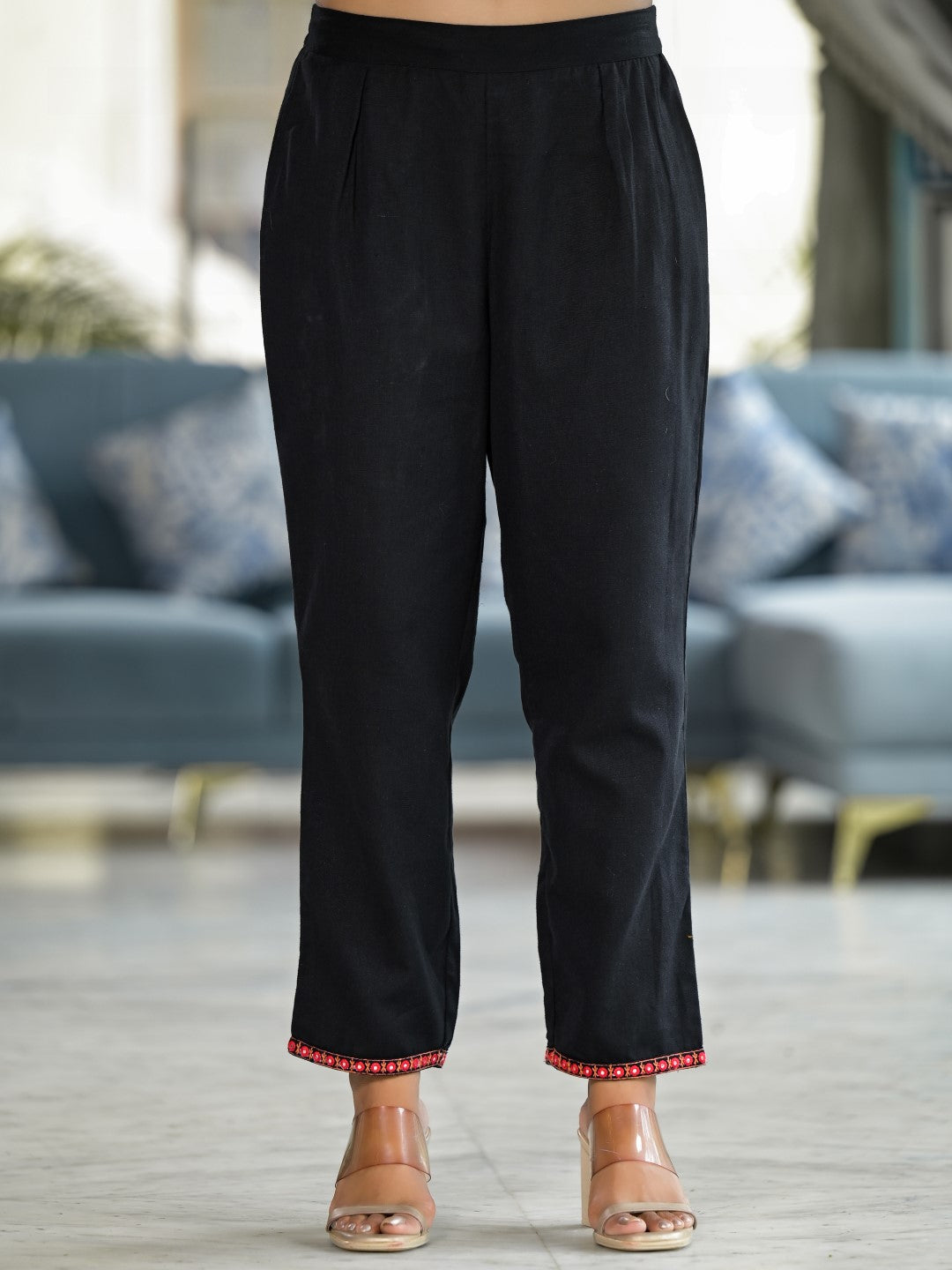 Juniper Women's Black Thread Embroidered Liva Rayon Tunic Pant Set With Mirror Work & Buttons - Distacart