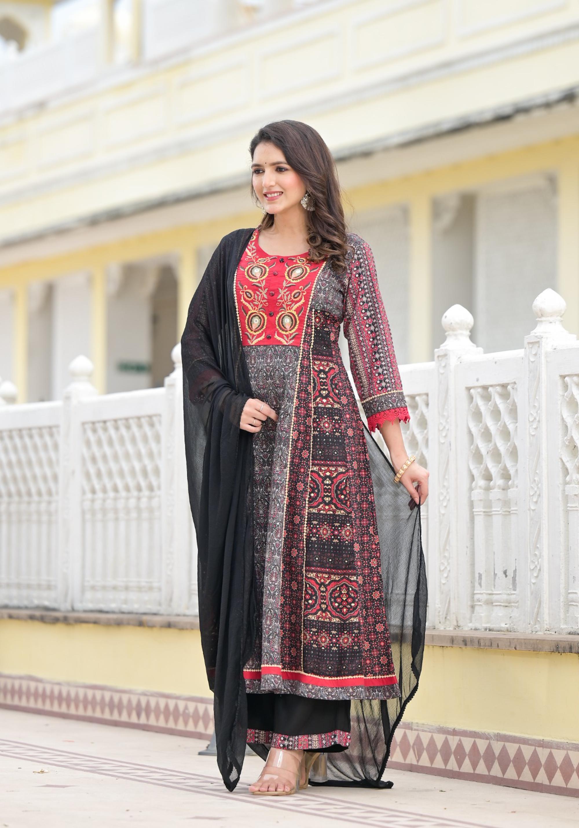Juniper Women's Black Silk Blend Printed Kurta Set - Distacart